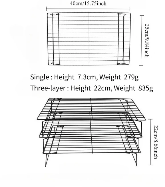 1/2/3개 스테인리스 스틸 적층형 쿨링 랙 베이킹용 논스틱 메탈 케이크 그리드 네트 트레이 오븐, 03 Twolayer, 01 Black