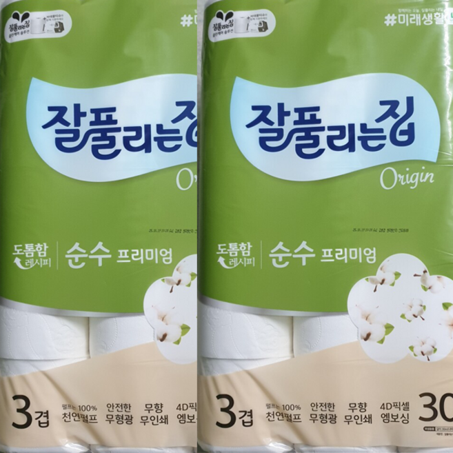 잘풀리는집 순수 프리미엄 30m 30롤 2팩 / 무형광안심제품, 60개, 30개입
