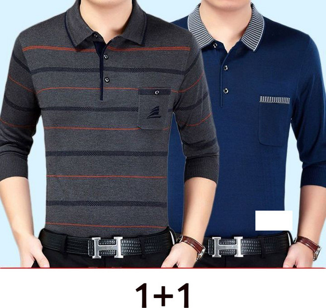 1+1 데일리 긴팔 카라티 봄가을 중년 남자 캐주얼 기질 폴로셔츠 루즈핏 아빠 터틀넥 티셔츠 상의 SJS