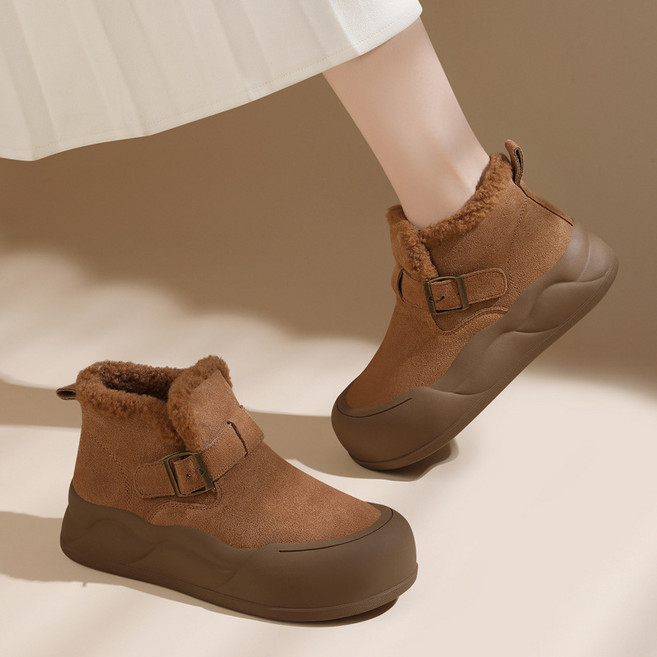 POMTOR 겨울 여성 눈부츠 발목 부츠 고급 가죽 방한 보온 털 부츠 슬립 방지