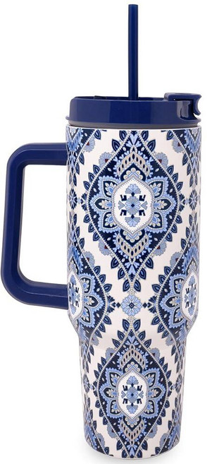 Vera Bradley 베라 브래들리 손잡이와 빨대가 있는 1.2L(40온스) 이중벽 스테인리스 스틸 단열 텀블러 컵 뜨겁거나 차가운 음료용 금속 (캠브리지 블루스) 56484