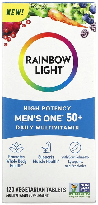 Rainbow Light Men's One 50세 이상 데일리 종합비타민 고효능 식물성 정제, 1, 120정 - 쿠팡