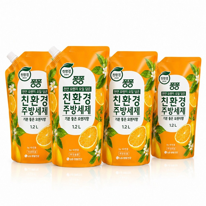 퐁퐁 친환경 주방세제 오렌지향 리필 1.2L 4개, 1.친환경 주방세제 오렌지 1.2L