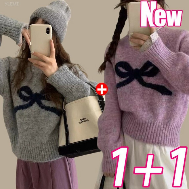 YLEMI 1+1 가을 겨울 러블리 톱 리본 라운드 풀오버 여 루즈핏 쇼트 니트 여 2P