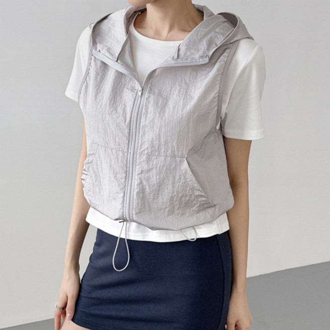샤인 후드베스트)후드조끼 끈조절 시보리밴딩 나일론원단 후드민소매티셔츠 민소매후드티셔츠 루즈핏 회색 봄신상 스트링끈조절