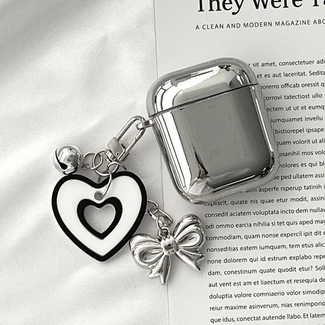 제이데코 하트 리본 키링 메탈 에어팟 케이스 세트, 1세대 2세대 공용, 실버