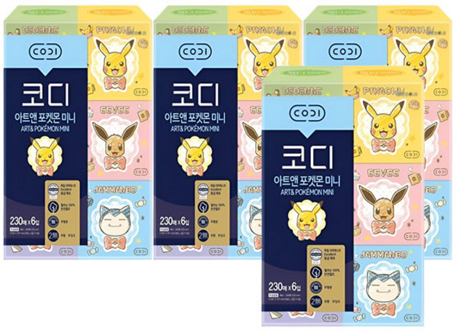 코디 아트앤 포켓몬 미니 천연펄프 각티슈 2겹 랜덤발송, 230매, 24개