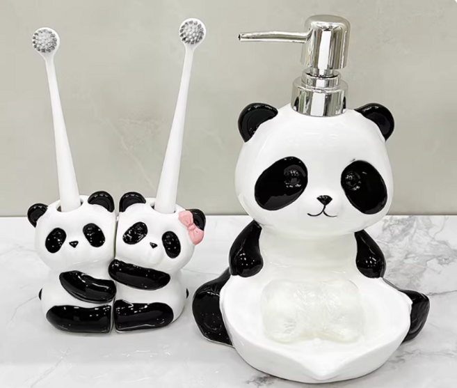 카툰 판다 2in1 비누케이스 디스펜서 세트 도자기 물빠짐 비누받침 핸드워시 펌프용기, 팬더+칫솔꽂이, 1개
