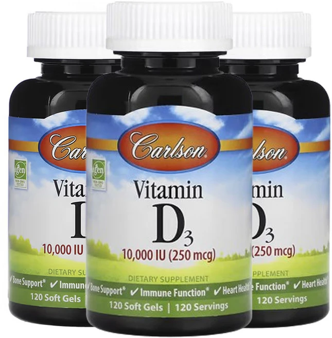 칼슨 비타민D3 250 mcg (10 000 IU) 120소프트젤, 3팩, 120정 - 쿠팡