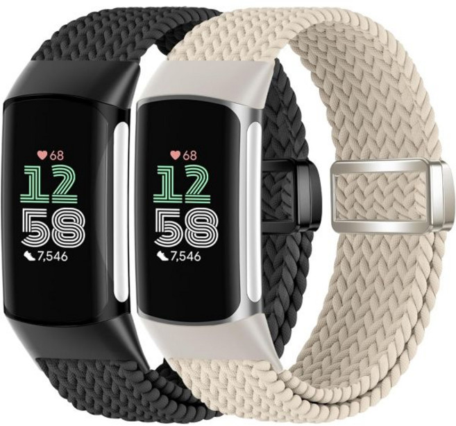 Fitbit Charge 6 워치 밴드와 호환되는 브레이드 나일론 자석식 신축성 원단 소프트 루프 스트랩 5 밴드/Charge 피트니스 트래커 교체용 여성/남성용 조절식 손