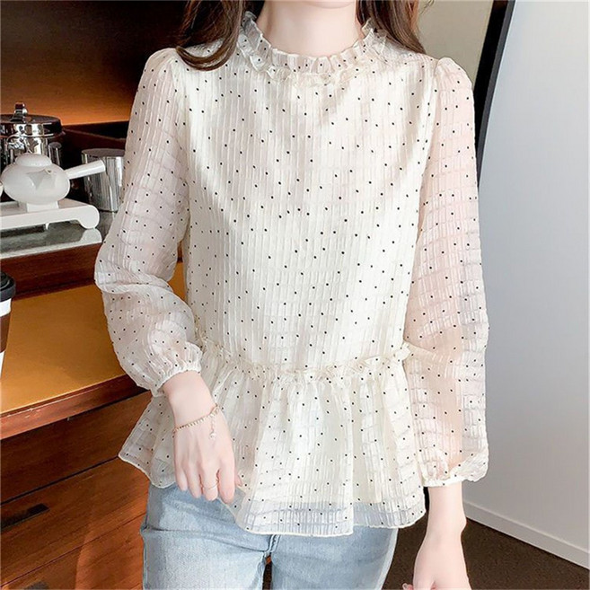 TKX 부드러운 빅사이즈 레이어드 디자인 여성용 긴팔 블라우스 도트 패턴