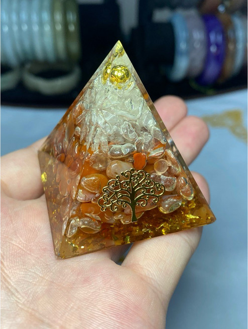 奧根能量塔水晶金字塔擺飾 南紅瑪瑙白水晶 淨化空間 平衡身心, 1個, 南紅瑪瑙+白水晶