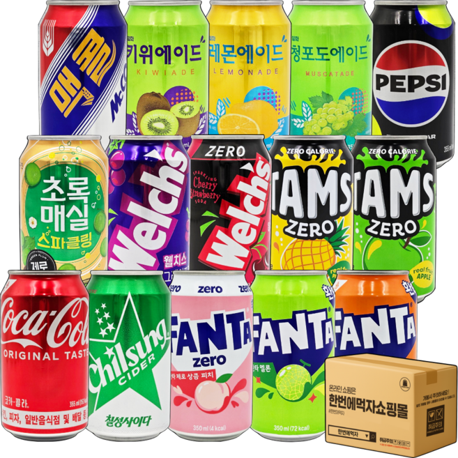 한번에먹자 패키지 업소용 캔음료수 뚱캔음료 과즙탄산 혼합구성 15종 세트 맥콜 웰치스 포도 환타 상큼피치 멜론 환타 오렌지 사이다 콜라 탐스 초록매실 펩시콜라 제로슈거 라임