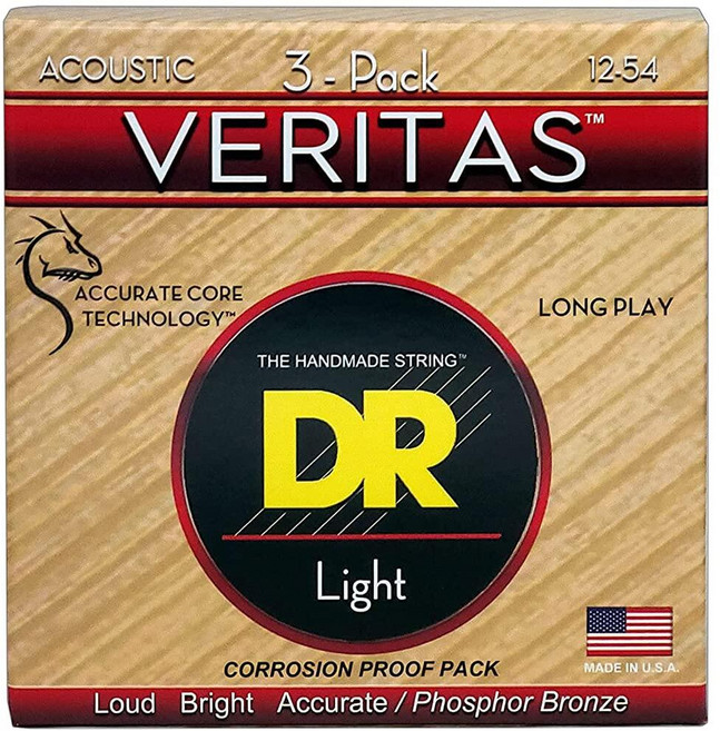 DR Strings Veritas 코팅 코어 테크놀로지 어쿠스틱 기타 스트링 라이트 12-54 3팩 VTA-12-3PK