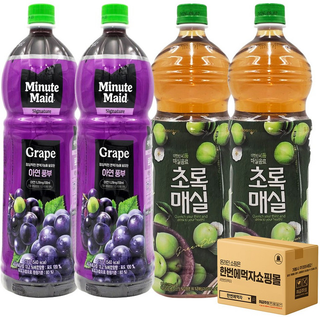 [한번에먹자쇼핑몰] 과즙음료 1.5L 2종 혼합세트 ( 미닛메이드 포도 + 웅진 초록매실 ) 사무실음료 가정용 과일음료 대용량 식자재 포도주스 매실주스 음료수세트, 4개