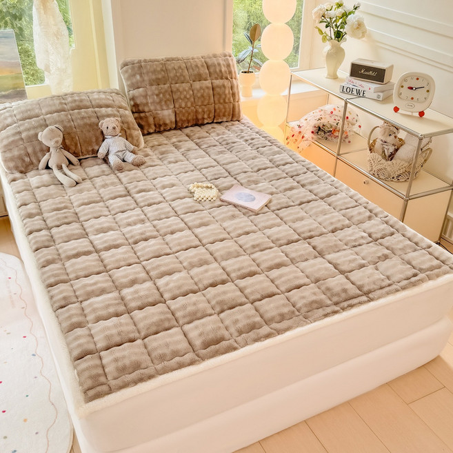 밀크 플리스 매트리스 패드 4코너 고정, 카키색