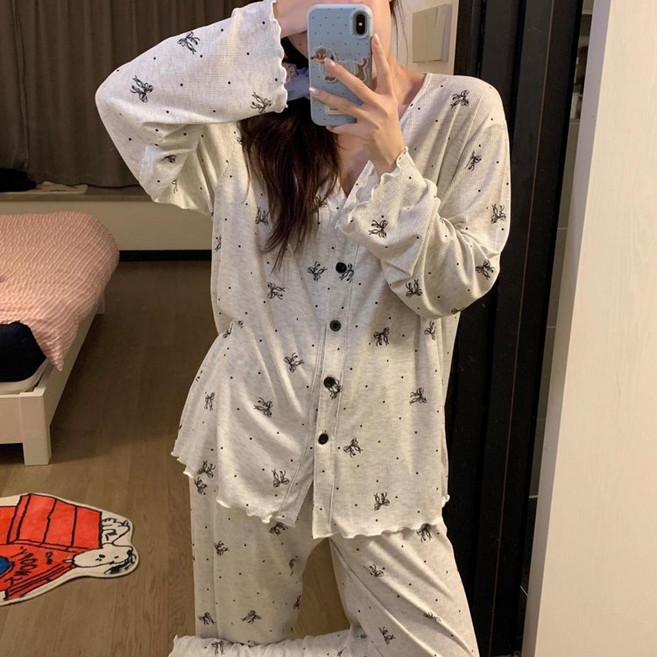리본 도트 잠옷 세트 여성 홈웨어 긴팔 파자마