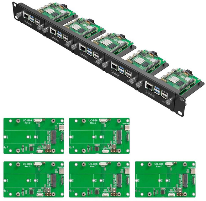 UCTRONICS 라즈베리 파이 5용 1U 랙 마운트 19인치 서버 랙 PCIe to M.2 NVME SSD 어댑터 4개 최대 4개의 Pi 5 지원, RM0015