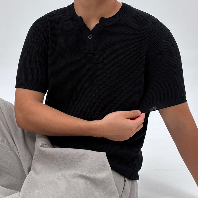 남성 여름 트임 버튼 반팔 니트