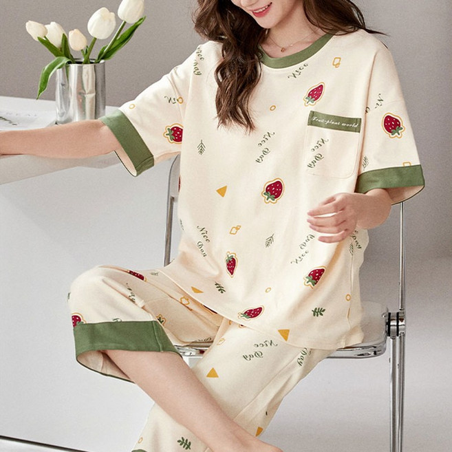 스타일아유 여름 얇은 반팔 여성 잠옷 7부바지 세트 브라캡 캡내장 홈웨어 SE1332