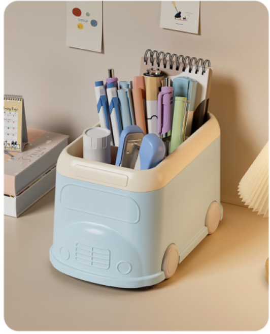리빙쉘 자동차 버스 모양 데스크 정리 연필꽂이, 블루, 1개