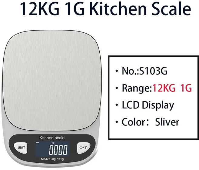 방수 스테인레스 스틸 규모 LCD 디스플레이 디지털 전자 주방 규모 12kg/1g 6kg/0.1g 측정 무게 베이킹 도, 01 Sliver 12kg 1g, 1개