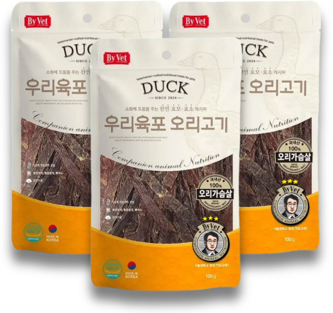 국내산 우리육포 강아지 간식, 오리가슴살, 100g, 3개