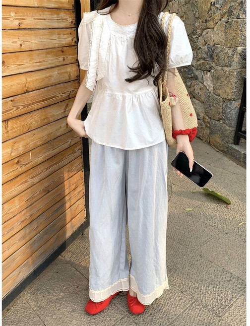 ANYOU 리본 퍼프소매 여성 셔츠 여름 스트랩 블라우스 오버핏 탑
