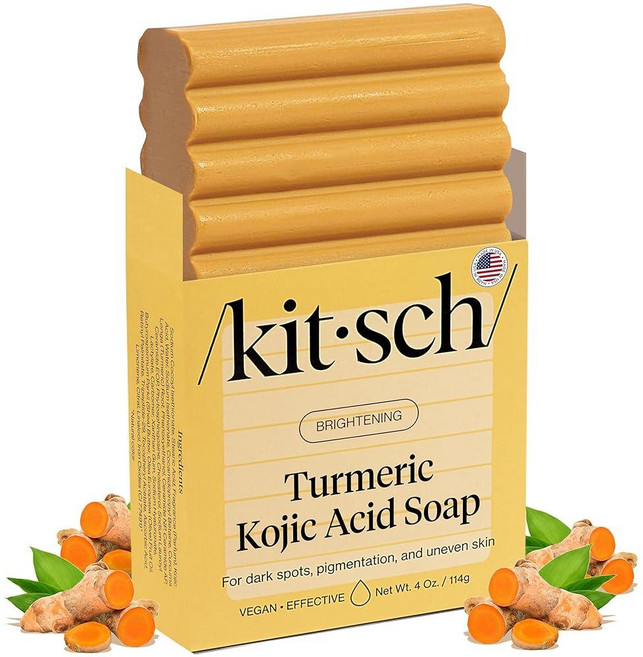 Kitsch Kojic ACID 애시드 Soap – 히알루론산 및 시어 버터가 함유된 강황 비누 바 - 어두운 반점 균일한 피부 톤 자연스러운 빛을 위한 브라이트닝 수분 공급, Kitsch Kojic Acid Soap – 히알루론산