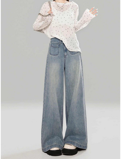 SAHINER 여성 캐주얼 데일리 하이웨이스트 루즈핏 와이드 데님 팬츠 LWANZ54