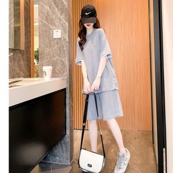 Nike 女款夏季運動休閒短袖短褲兩件式套裝 灰色 3XL