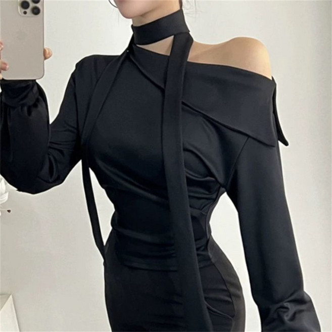 Vezri 여성용 봄 여름 스타일리쉬한 언밸런스 섹시 디자인 크로스핏 소매 오프숄더 타이 긴팔 셔츠 SKZ111