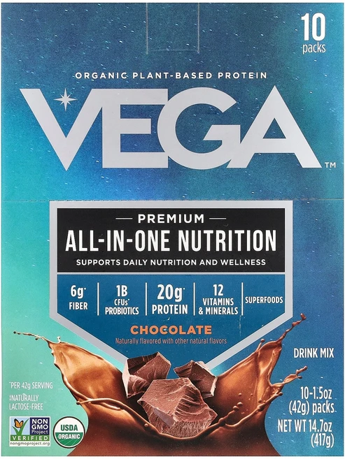 Vega Plant-Based Protein Premium All-In-One Nutrition Chocolate 10 Packs 1.5 oz 42 g Each, Vega, Plant-Based Protein, Pre, 42g - 쿠팡