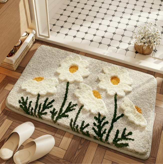 포근포근 부드러운 플라워 화장실 욕실 발매트, 베이지