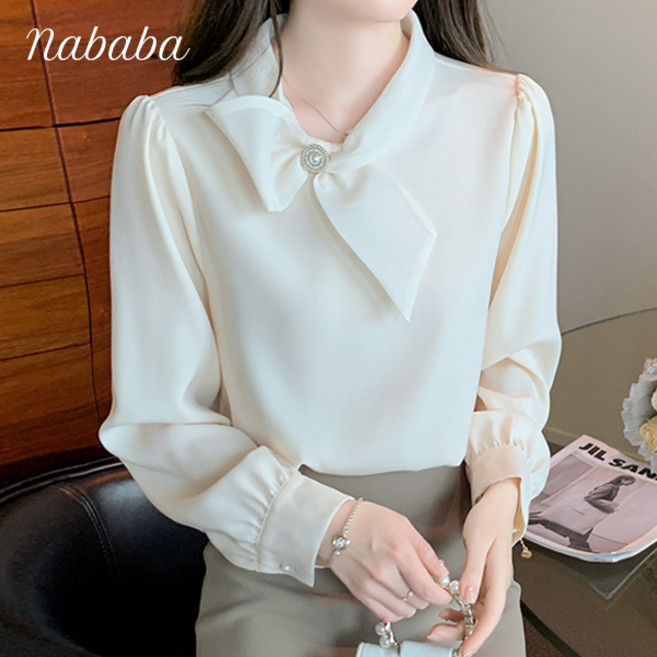 나바바 NB2483 여성 빈티지 세련미 스카프넥 긴팔 블라우스