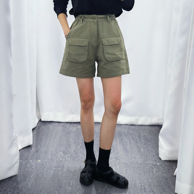 더탑 여성용 빅사이즈 여름 4부 허리조절 면 카고 포켓 반바지