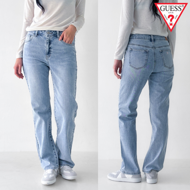 [백화점 정품] 게스 여자 스트레이트 핏 진 청바지 라이트 블루 워싱 데님