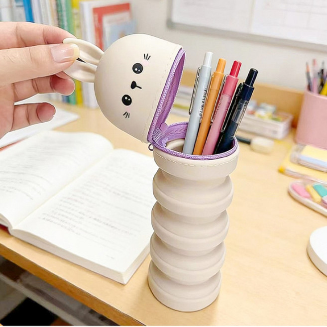 리브온 토끼 모양 필통 분리형 원통 연필 케이스, 1개, 베이지