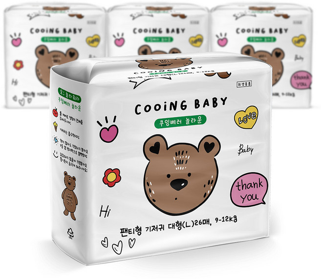 Cooing 베러 놀라운 팬티형 기저귀 남여공용, 대형(L), 104매