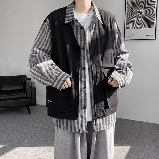 비보뉴 남성 베스트 조끼 스트라이프 셔츠 세트 루즈핏 데일리 캐주얼 아웃핏