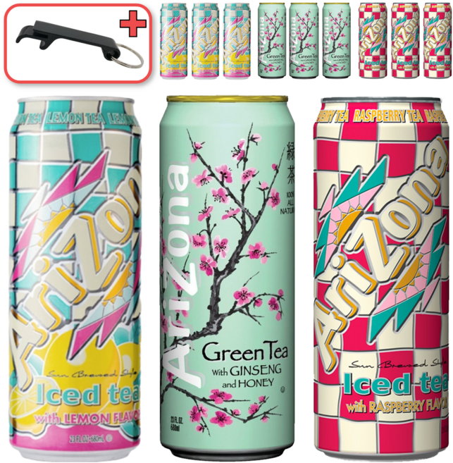 [쿨앤드몰] 아리조나 아이스티 3종혼합 그린티진생+레몬+라즈베리 캔 오프너포함, 12개, 650ml