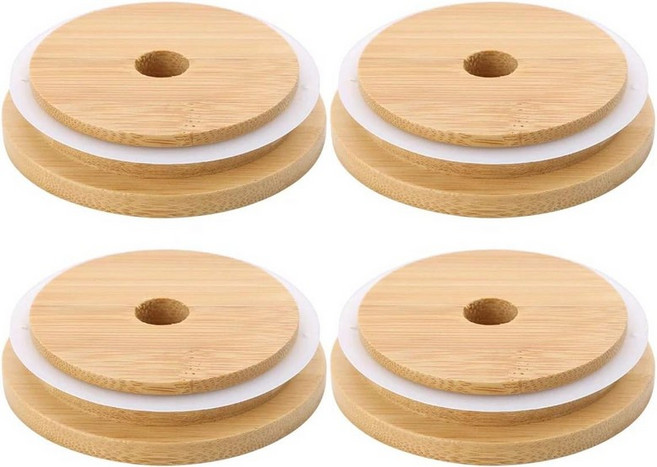 빨대 구멍이 있는 86mm 너비의 대나무 메이슨 병 뚜껑 4팩 재사용 가능한 누수 방지 유리 통조림 음용 저장 용기, 와이드뚜껑(빨대구멍)실리콘, 1세트