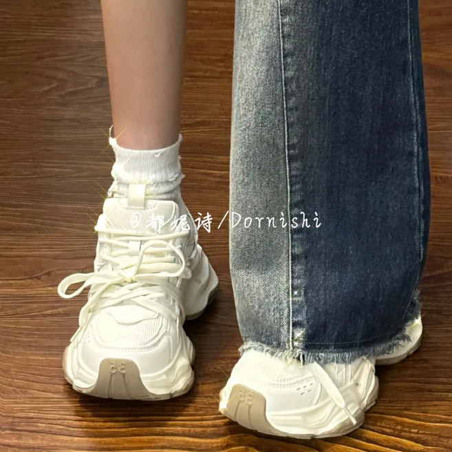 老爹鞋女 趙露思同款 奶油白 透氣 厚底 增高 休閒運動鞋