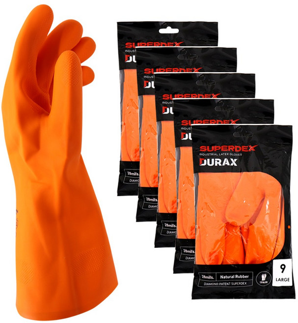 슈퍼덱스 듀락스 천연라텍스 두꺼운 공업용 내화학 장갑 신나용 내산 내유장갑 산업용 정비용 연구실용 안전장갑 해루질, 5세트, 오렌지