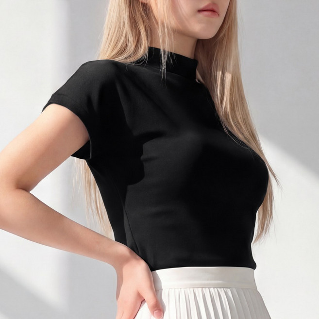 라뷰드 여성 찰랑 반목 반팔 티셔츠 여자 봄가을 여름 데일리 슬림핏 목티 캐주얼 하프 터틀넥 솔리드 폴라티