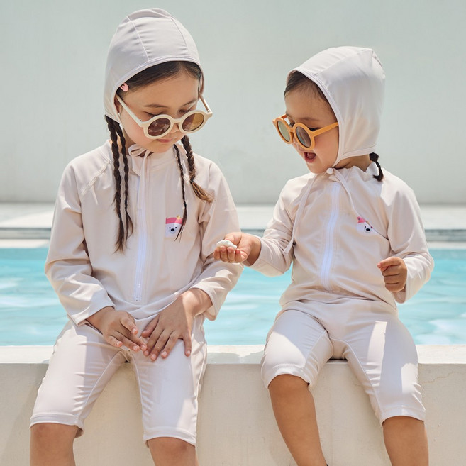 스윔어바웃 밍곰 아기 수영복 유아 일체형 래쉬가드 모자 세트
