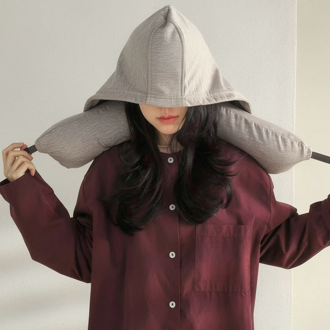 여행용 후드 목베개 경추 목쿠션 올인원 사생활보호 목편한 베개, 베이지