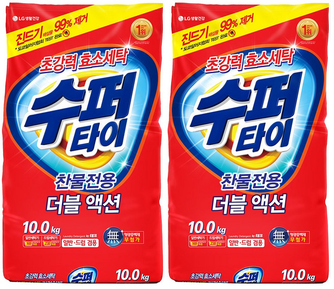 수퍼타이 베이킹소다 플러스 분말세제 리필, 10kg, 2개