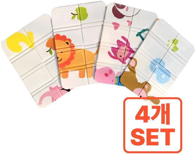 토잉리빙 푹신한 캐릭터 접이식 미니 돗자리 4개 세트 + 전용 파우치 포함 가벼운 휴대용 두꺼운 등산 방석 매트, 혼합