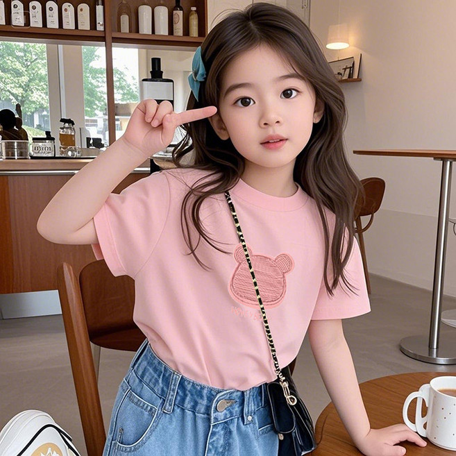 ZPEIZ 여름 여아 반팔티 아동 순면 반팔 티셔츠 곰머리 프린트 상의 루즈핏 옷 초등여아반팔티